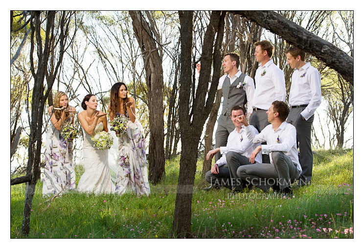 the whole bridal party in the bush